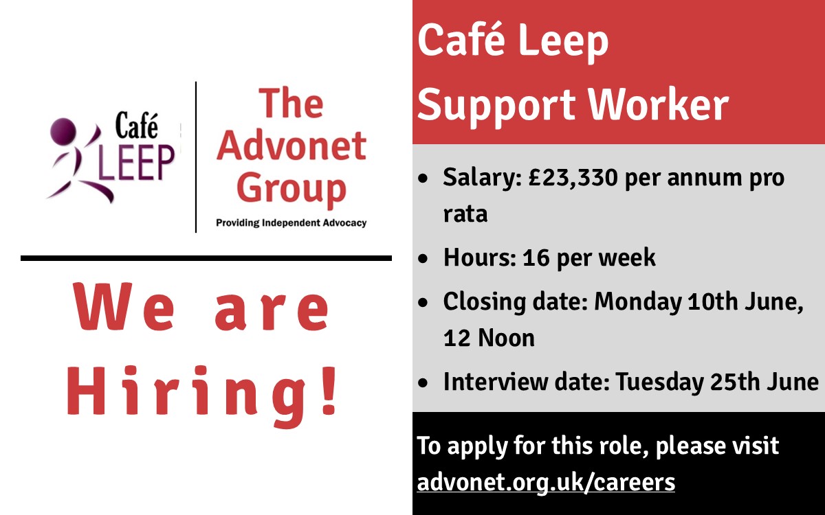 There are less than two weeks to apply for @CafeLeep's Support Worker #JobVacancy! 
If you would like to help their trainees with #LearningDisabilities to gain new skills, find out more about the role here: advonet.org.uk/2024/05/13/job… #HiringNow #LeedsJobs #YorkshireJobs