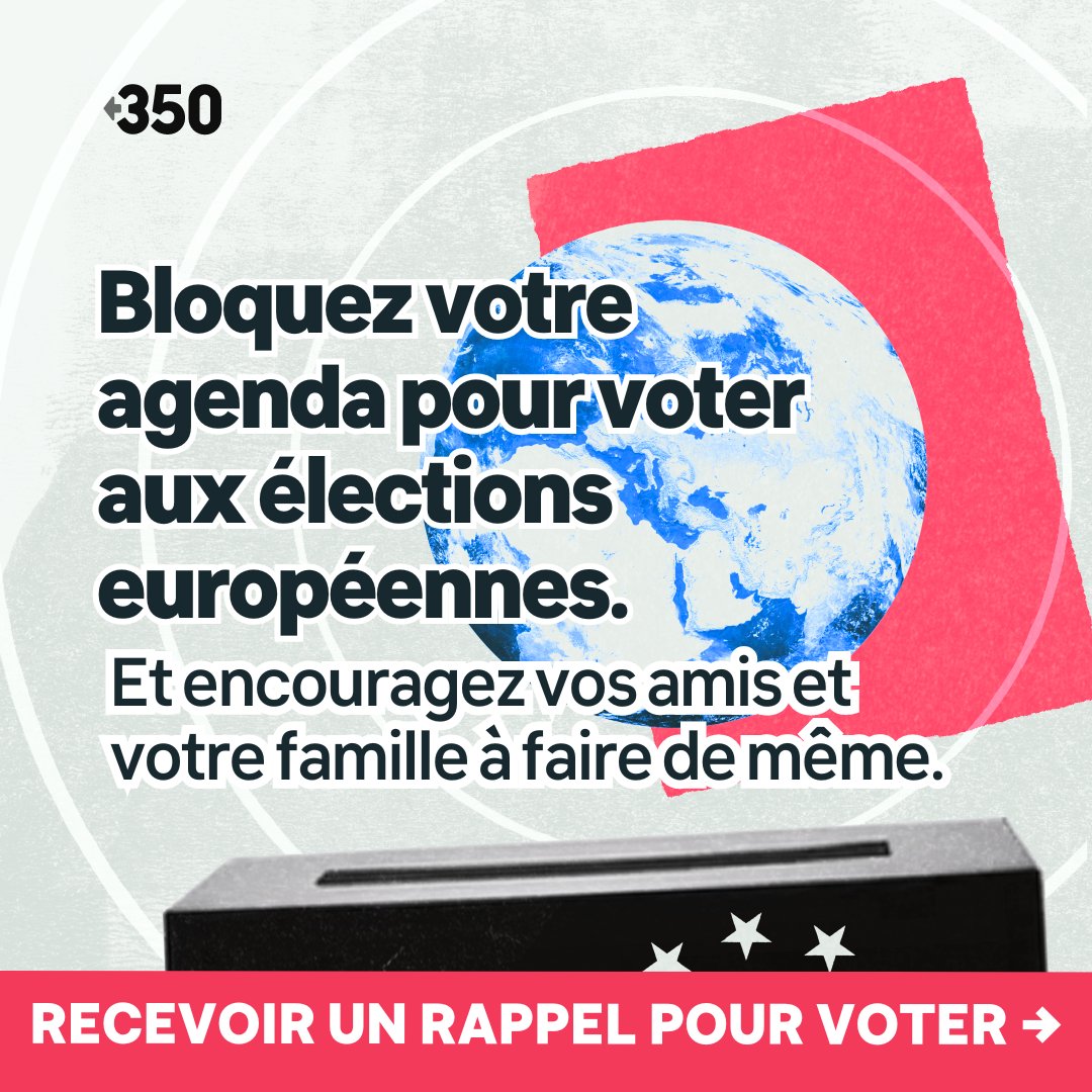 ⏰ L'Europe se rendra bientôt aux urnes pour les #EUElections2024 🗳️ C'est le moment de voter pour l’avenir que nous voulons. Et d'encourager vos proches à faire de même! Mettez-vous un rappel dès aujourd'hui ⤵ act.350.org/act/eu-electio… #VoteFutureEU #WeMakeTheFuture