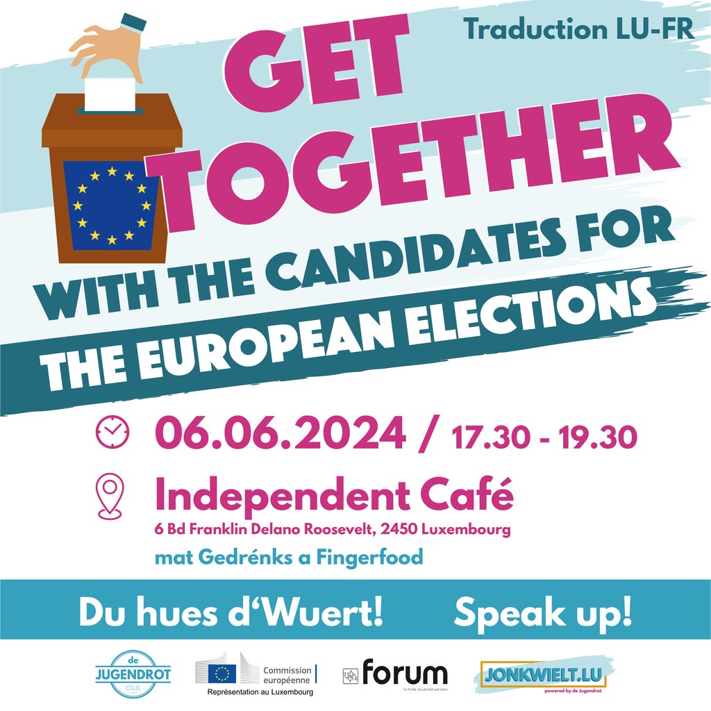 Get Together mat de Kandidaten vun den Europa Wahlen! 🗓️Donneschden 6. Juni 17.30 – 19.30 📍Independent Café, Lux Ville 👉tinyurl.com/3295vuxz @Jugendrot @UE_Luxembourg @deigreng @dei_lenk @dp_lu Volt, Mir d’Vollek, Zesummen - d'Bréck, @adr_lu #wahlen2024 #europawahl2024