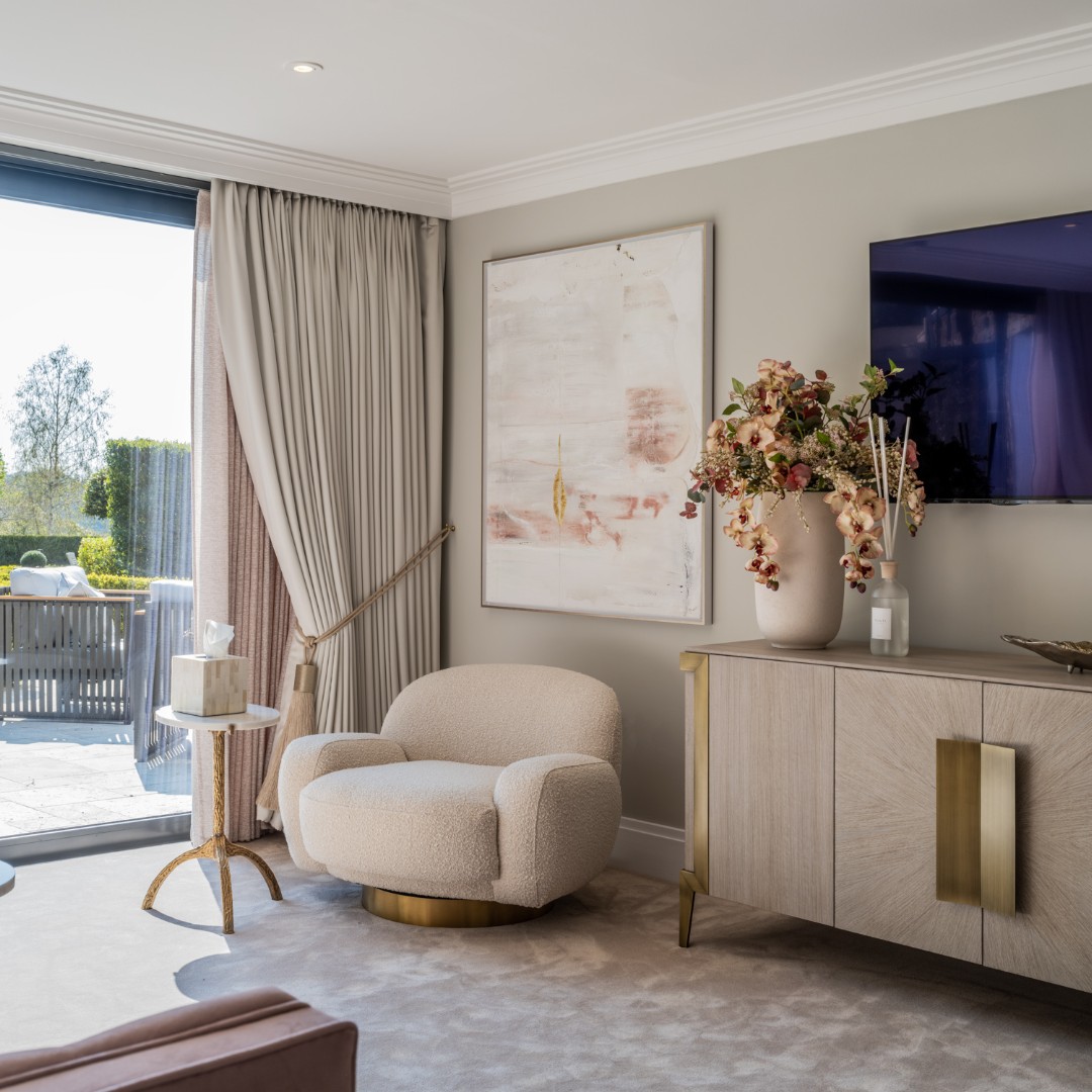 A quiet corner for relaxation and reflection in our client's guest suite. Soft boucle fabrics adjacent to gold metalwork add an element of timeless feminine sophistication.

#bedroom #bedroomdecor #bedroomdesign #bedroominspo #bedroomideas #bedroomstyle #bedroomstyling