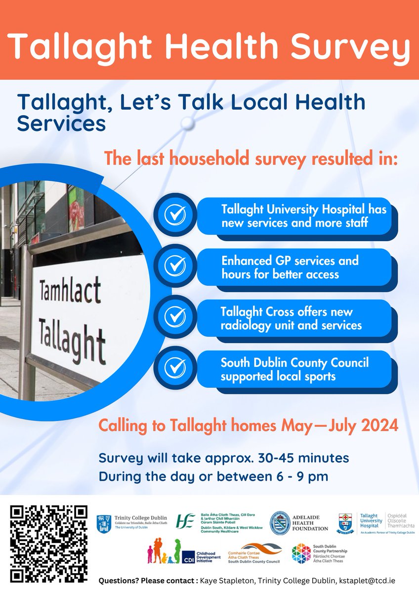 If you live in Tallaght please keep an ear out for a knock on the door in the next few weeks. Researchers are out & about asking householders about local health services. The results will shape the development of health services in Tallaght #HealthForTallaght #HANARound3