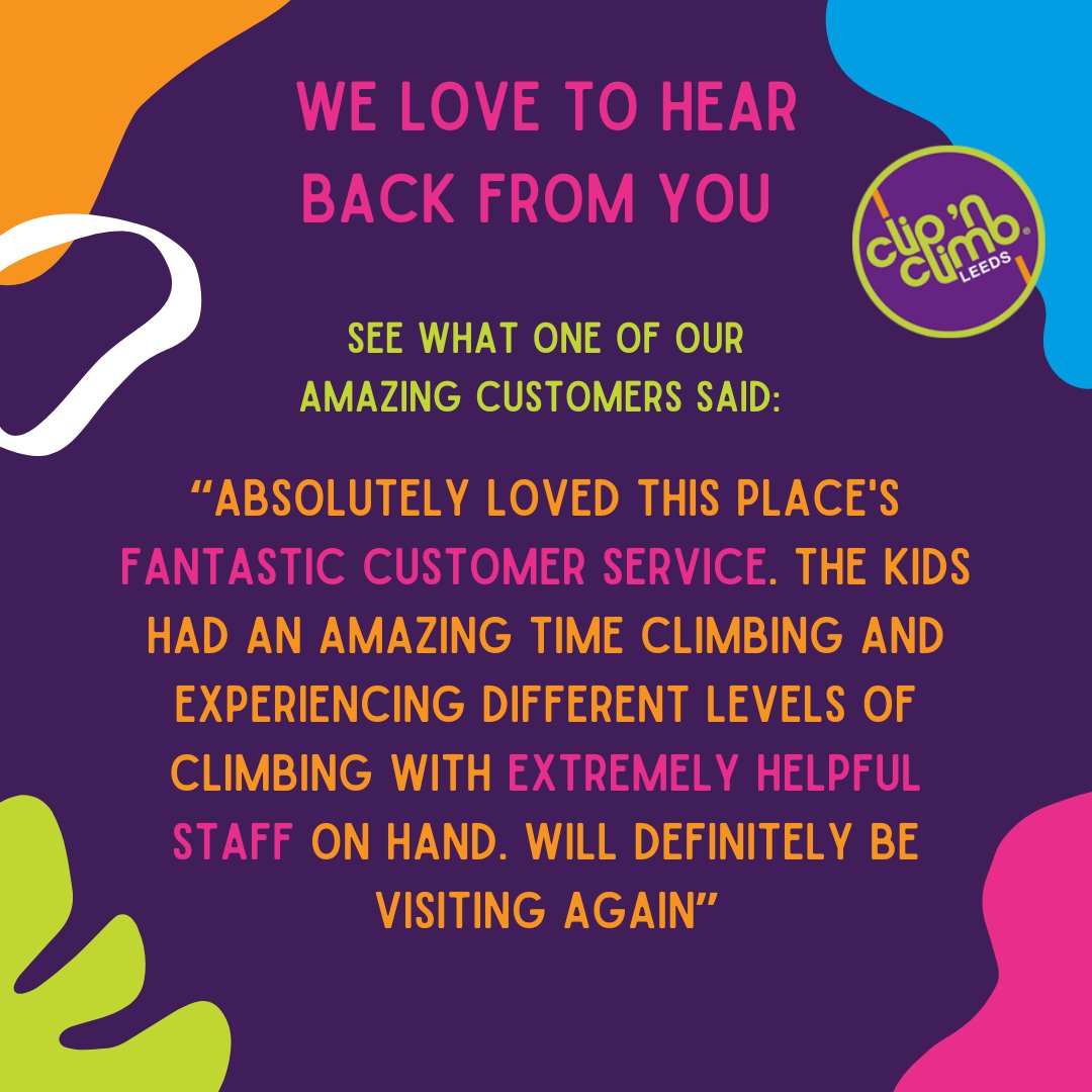 CNCLeedsYorks's tweet photo. See what one of our lovely visitors said:

“Absolutely loved this place's fantastic customer service. The kids had an amazing time climbing and experiencing different levels of climbing with extremely helpful staff on hand. Will definitely be visiting again”

#ClipNClimb #CNC https://t.co/y2lg97vVsc
