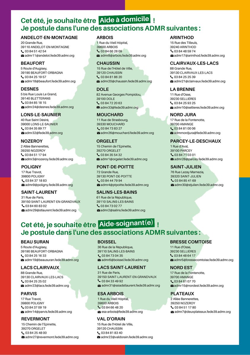Fédération ADMR Jura (@admrdujura) on Twitter photo Vous recherchez un #job d'#été ? ☀️
➡️ L'#ADMR du #Jura recrute ! Postulez dès maintenant pour rejoindre l'une de nos 29 #associations locales ADMR situées dans le département ! 👇
Contact départemental : 📱 03 84 47 26 31 ou 📧 recrutement@fede39.admr.org
#recrutement #JobEte Vous recherchez un #job d'#été ? ☀️
➡️ L'#ADMR du #Jura recrute ! Postulez dès maintenant pour rejoindre l'une de nos 29 #associations locales ADMR situées dans le département ! 👇
Contact départemental : 📱 03 84 47 26 31 ou 📧 recrutement@fede39.admr.org
#recrutement #JobEte