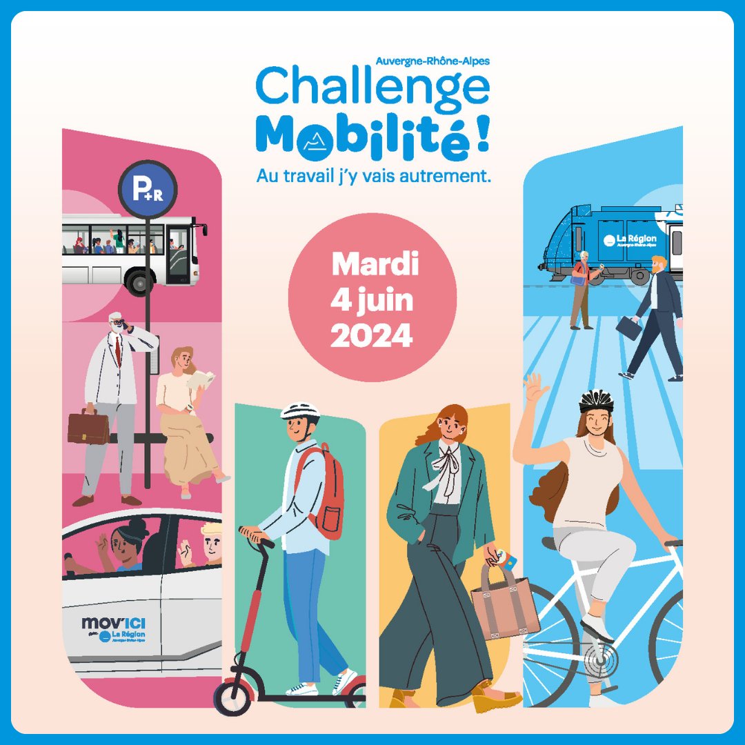 🚆 🚴 🛴🚌🚶🏻‍♀️ Le challenge mobilité, organisé par la Région, c’est dans moins d’une semaine ! Rejoignez le @ChallengeMob le mardi 4 juin pour sa 14e édition ! C’est l’événement incontournable pour la promotion des mobilités alternatives. 👉 pulse.ly/y872vlxxoa​​ #mobilité