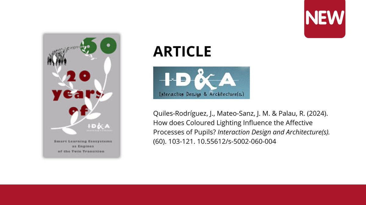 Nova publicació a l'Interaction Design and Architecture(s) Journal: How does Coloured Lighting Influence the Affective  Processes of Pupils?researchgate.net/publication/38…

👥José Quiles-Rodríguez, Josep M. Mateo-Sanz &amp; Ramon Palau
#SmartClassroom #EducationalEnvironments