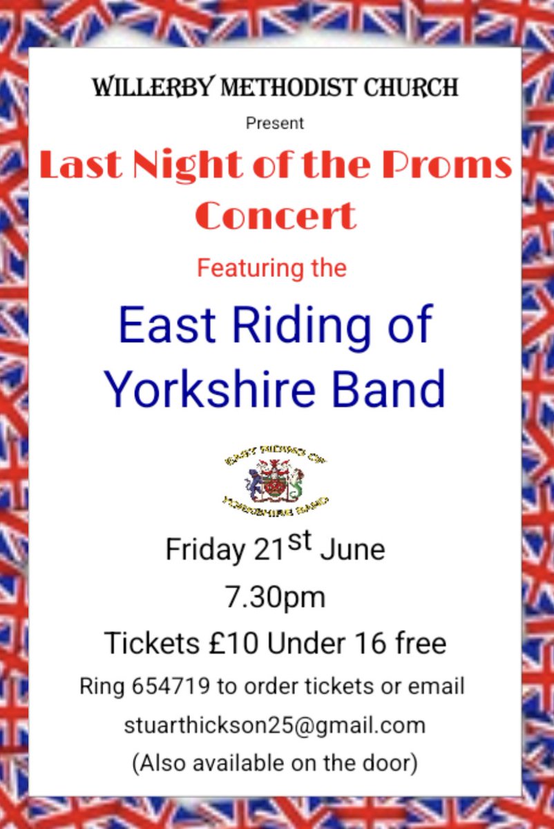 Another date for your diaries! We'll be at Willerby Methodist Church on Friday 21st June 🙂, contact Stuart on 01482 654719 to book your tickets! 
#Brassband #Brass #Concert #Proms #LiveMusic