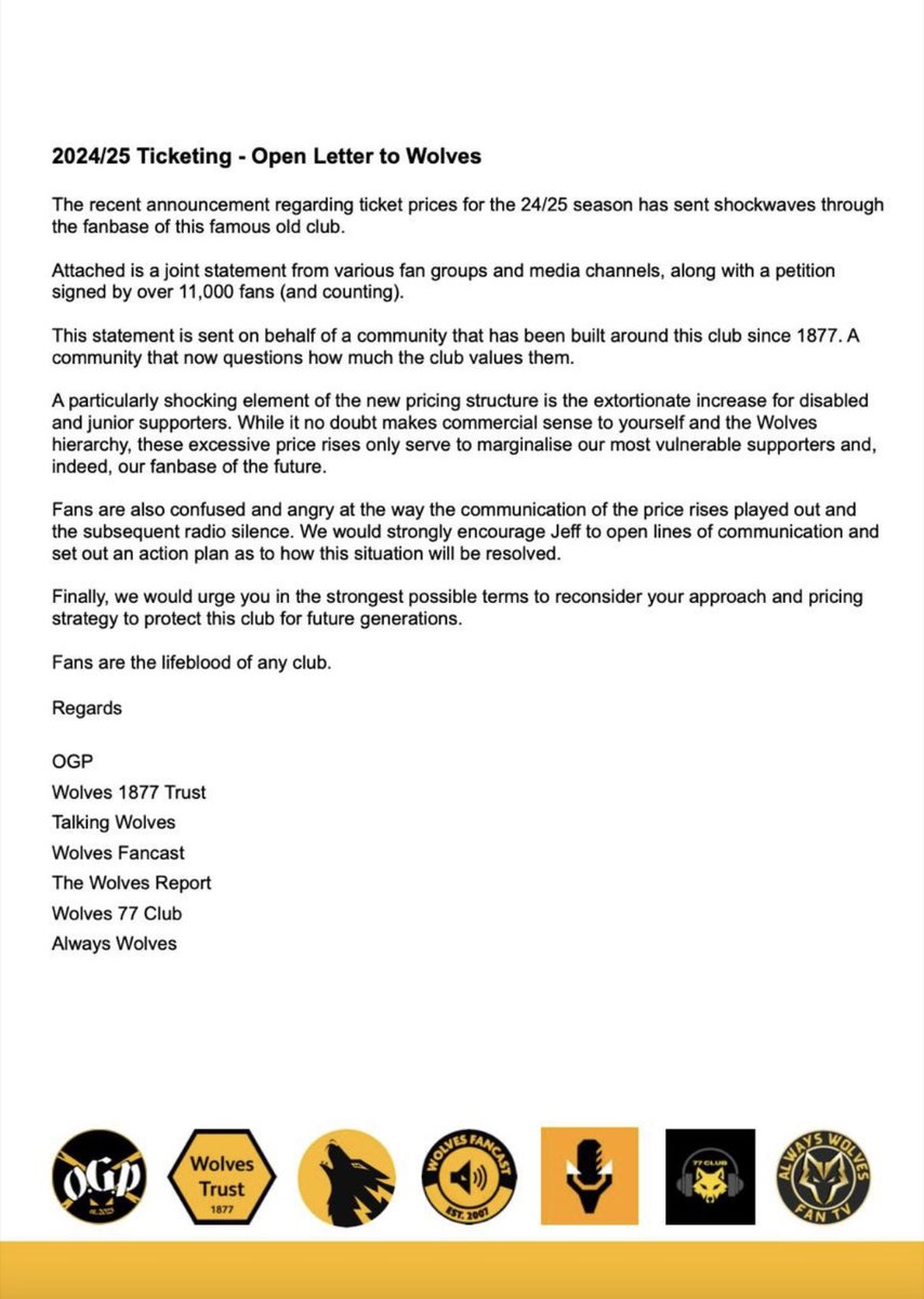 Wolves1877T's tweet image. 2024/25 Ticketing - Open Letter to Wolves

This morning, @oldgoldpack sent over 11,000 signatures and an open letter to Jeff Shi &amp;amp; Senior Management at Wolves. 

We urge Jeff and the club in the strongest terms to reconsider their strategy.

It’s our club, not theirs.

#wwfc