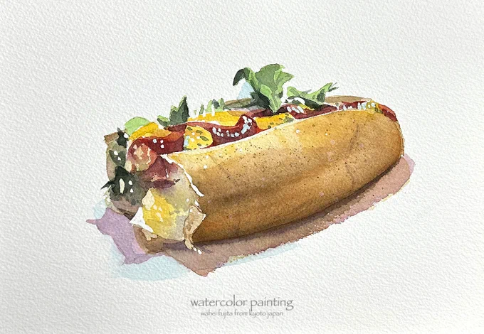 ひとくちかじってしまいました。ウインナードッグ。#Watercolor #スケッチ #水彩画 #透明水彩 #京都水彩画塾  #水彩画ワークショップ  #水彩画教室  #京都の絵画教室 