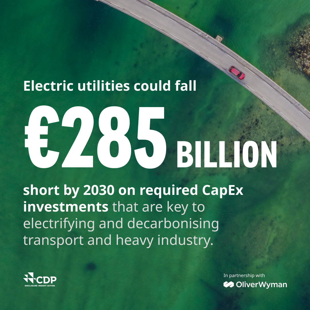 Electric utilities could fall €285 billion short by 2030 on required CapEx #investments that are key to electrifying and #decarbonizing #transport and heavy industry. Learn how we can Get The Money Moving to drive the climate transition > owy.mn/3TREeRc @CDP