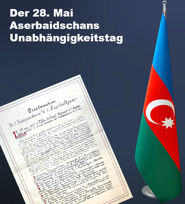 Direkt nach der Verkündung der Unabhängigkeitserklärung am 28. Mai 1918 wurde die erste demokratische und parlamentarische Republik in der muslimischen Welt - die Demokratische Republik Aserbaidschan (auf Aserbaidschanisch: Azәrbaycan Xalq Cümhuriyyәti) gegründet.