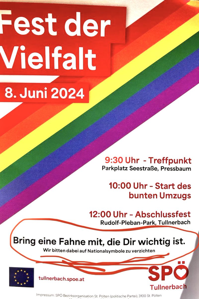 Die @SPOE_at will bei ihrem „Fest der Vielfalt“ KEINE Österreich-Fahnen sehen. Gut, dass wir das noch vor dem 9. Juni und vor dem 29. September erfahren.