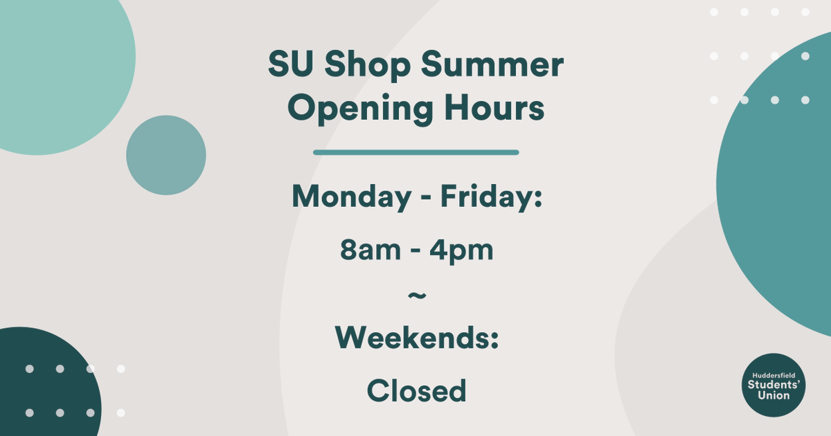 From today, the SU Shop will be open with new summer hours. Please note the adjusted schedule and enjoy your summer shopping 🛒 #HudSU #HudUni #SUShop