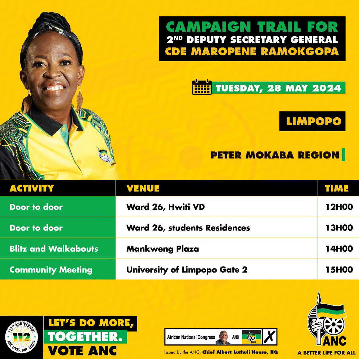 ANC 2nd Deputy Secretary-General, Cde Maropene Ramokgopa will lead the campaign trail today in the Peter Mokoba Region, Limpopo. #VoteANC2024 #LetsDoMoreTogether