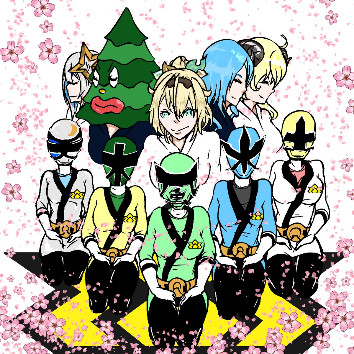 スーパー戦隊　侍戦隊シンケンジャー×ホロライブ #pixiv 
#いろはにも絵を　#ほしまちぎゃらりー　#できたてころね　#かなたーと　#つのまきあーと