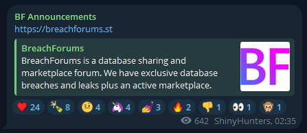 The clearnet domain for BreachForums is available again.

This has also been published on the BF telegram channel.

#DarkWeb #BreachForums #cybersecurity