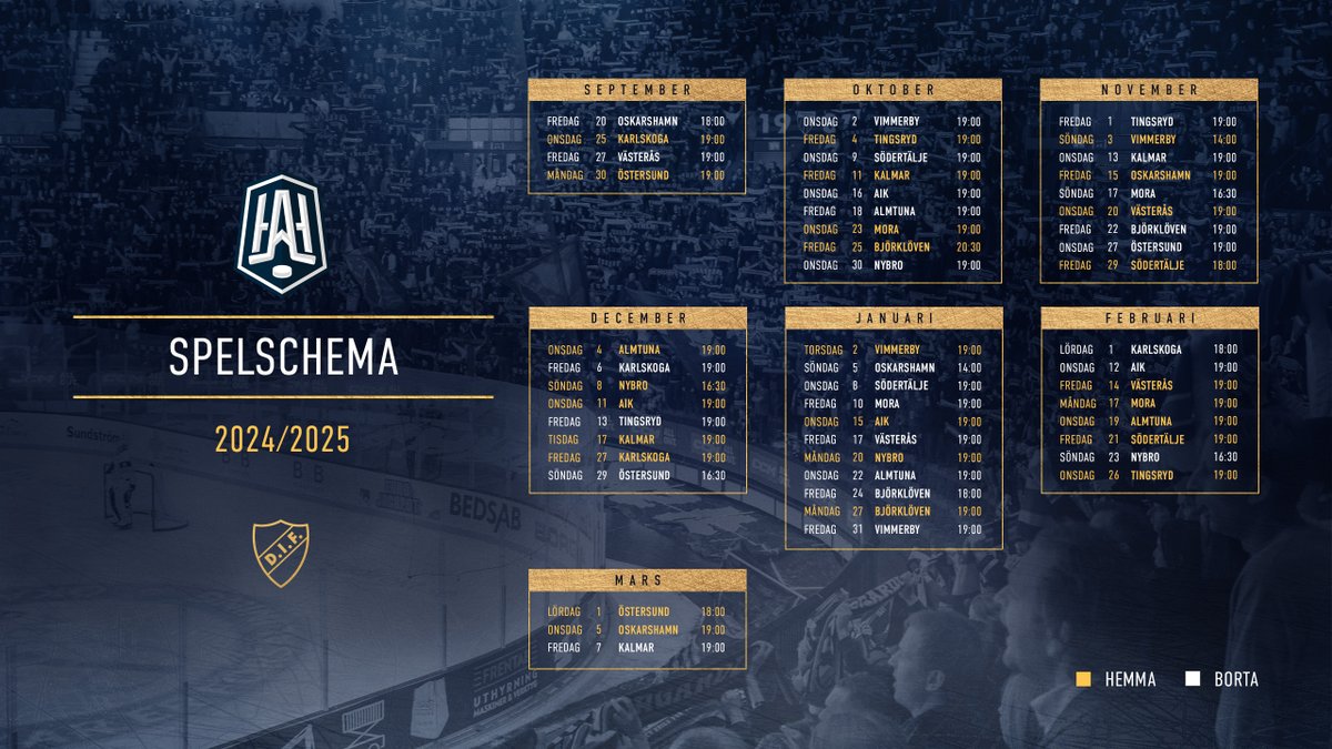 Här är det kompletta spelschemat till HockeyAllsvenskan 2024/2025. 📅 Djurgården kommer senare under veckan att återkomma med kommentarer kring schemats totala utformning. 🎟️ säsongskort.nu 💛❤️💙 #DIFHockey #AlltidOavsett