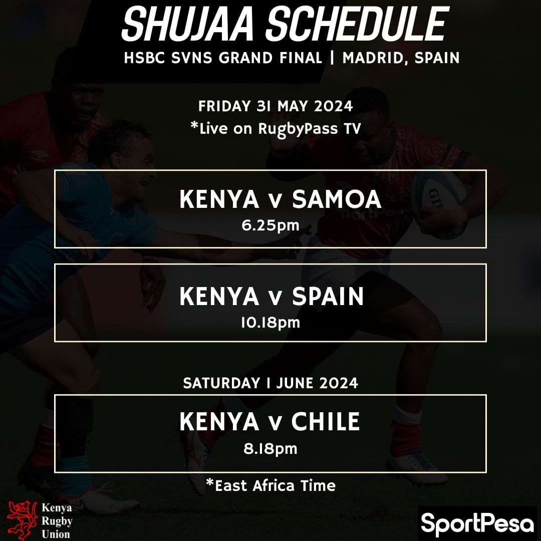 Shujaa7s schedule at the HSBC Challenger series final in Madrid.

Wishing the team All the Best!

#RadullKE 
#Shujaa7s 
#7sChallengerSeries