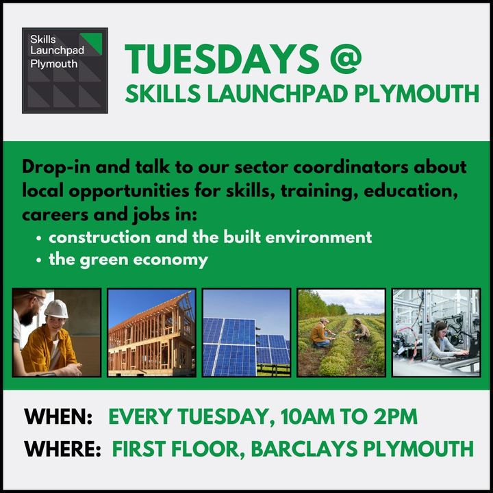 Tuesday at Skills Launchpad Plymouth means that between 10am and 2pm Coordinators Morven and Jas are offering support for anyone interested in opportunities in construction and the built environment, or the green economy. #Skills4Plymouth #ConstructionSkills #GreenSkills