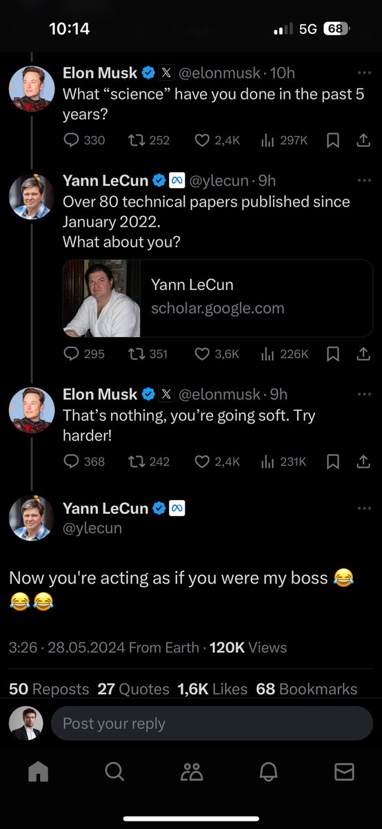 halapav's tweet image. This conversation made my day.

Choosing the lack of scientific research as an attack vector against @ylecun is really dumb. Elon is going soft.