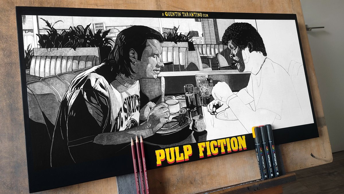 🔥New work in progress 'Pulp Fiction' (1994) by Quentin Tarantino 
🎨Graphite pencil&Acrylic marker on wood 40x80cm

#pulpfiction #QuentinTarantino #JohnTravolta #SamuelLJackson #alternativemovieposter #fanart #90smovies #carlesganya