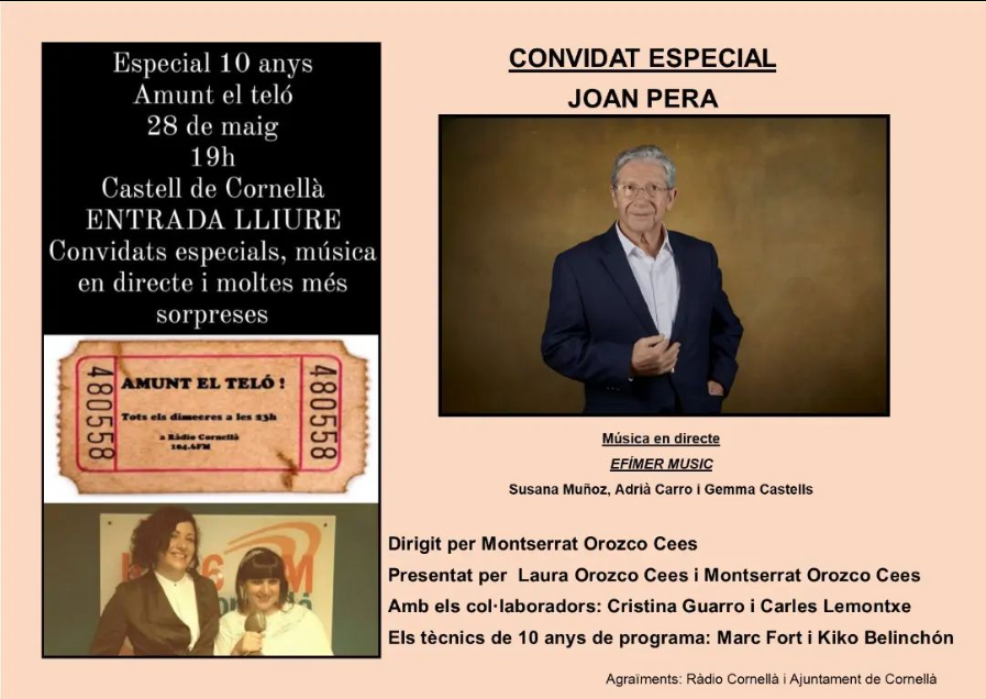 radiocornella's tweet photo. 🎂El programa @amunteltelo celebra 10 anys en antena a Ràdio Cornellà! Per commemorar aquest aniversari, graven un programa especial on la ciutadania està convidada a assistir-hi! 🥳

📍Castell de Cornellà
🗓️Dimarts 28 de maig a les 19h.

T'ESPEREM! 

🔗https://t.co/kRBlcpPF8T https://t.co/CaBHC2XkRW