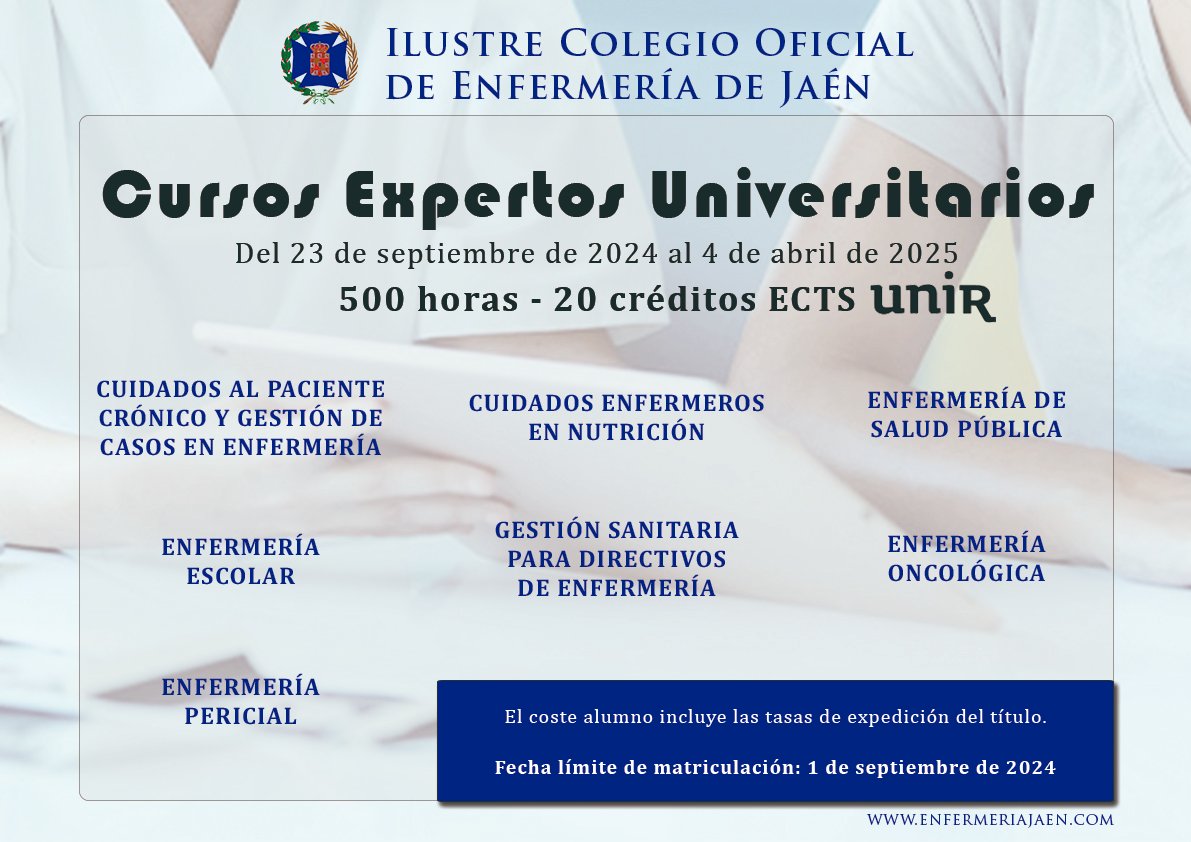 EnfermeriaJaen's tweet photo. 🏫 Os mostramos los 𝐜𝐮𝐫𝐬𝐨𝐬 𝐝𝐞 𝐞𝐱𝐩𝐞𝐫𝐭𝐨𝐬 𝐮𝐧𝐢𝐯𝐞𝐫𝐬𝐢𝐭𝐚𝐫𝐢𝐨𝐬 que el @consejo_andaluz y nuestro Colegio subvenciona a los colegiados.

✍️ La inscripción estará abierta hasta el 1 de septiembre ⤵️

https://t.co/AICBhY00Kk

#EnfermeríaJaén #Formación https://t.co/qgGmCiAysG
