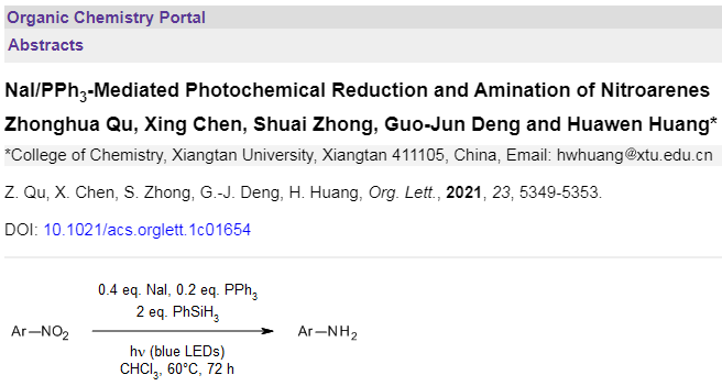 organic-chemistry.org/abstracts/lit8… 
A mild transition-metal- and photosensitizer-free photoredox system based on the combination of NaI and PPh3 for a highly selective reduction of nitroarenes