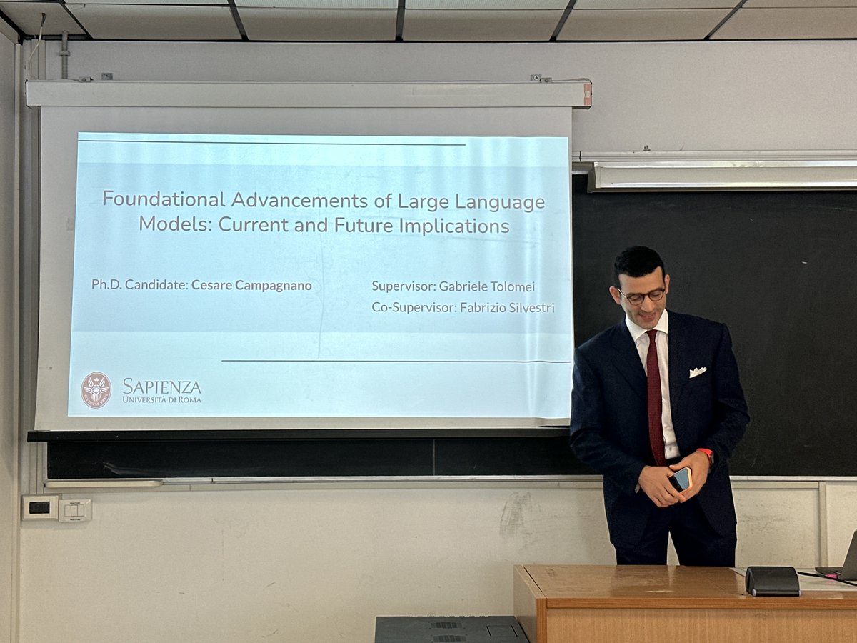 Congratulations to <a href="/caesar_one_/">Cesare Campagnano</a>  who defended his #PhD #thesis entitled "Foundational Advancements of Large Language Models: Current and Future Implications", advised by <a href="/gtolomei/">Gabriele Tolomei</a> , co-advised by <a href="/fabreetseo/">Fabrizio Silvestri</a> . He will now start his #postdoc in our group.
#LLM #NLP #Research