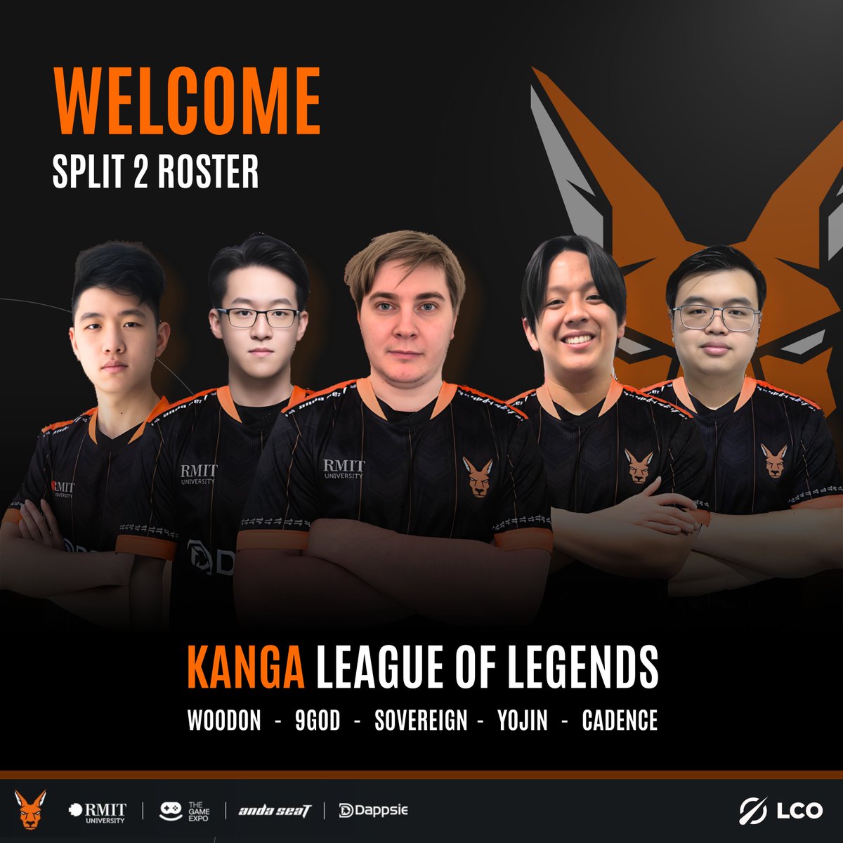Proudly presenting Kanga's 2024 LCO Split 2 Roster!

Fired up and ready to go all in!🔥

🛡️ <a href="/doowonkim03/">Woodon</a>
🌴 <a href="/9GodOCE/">9 God</a>
⚔️ <a href="/AlexanderFolley/">Sovereign</a>
🔫 <a href="/oce_yojin/">YojinOCE</a>
🧙‍♂️ <a href="/CadenceHugo/">Cadence</a> 

<a href="/LCO/">LCO</a> | #KangGang🦘