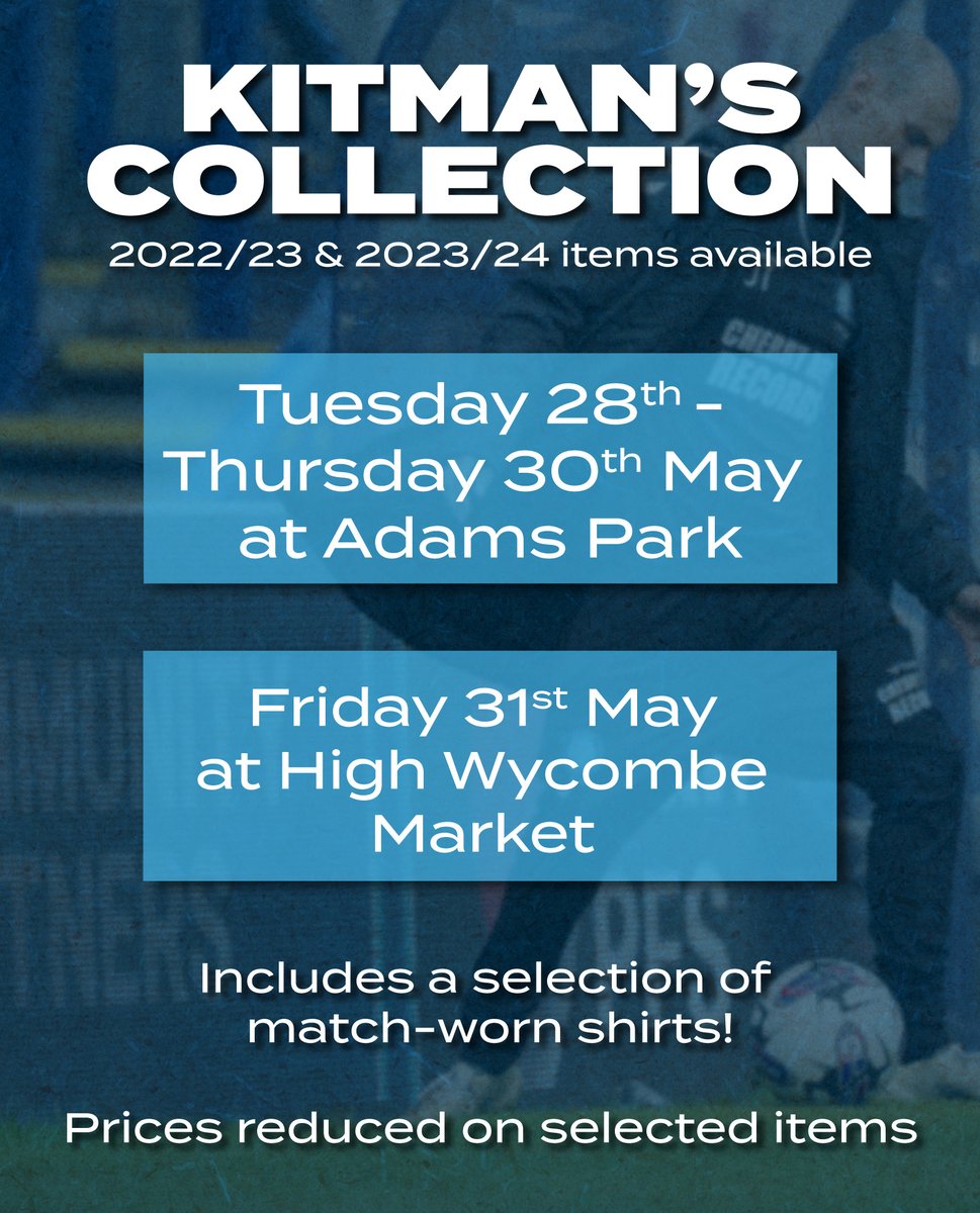 🛍️ Our Kitman's Collection opens today!

Head to Adams Park between 10am-3pm to snap up some fantastic items.