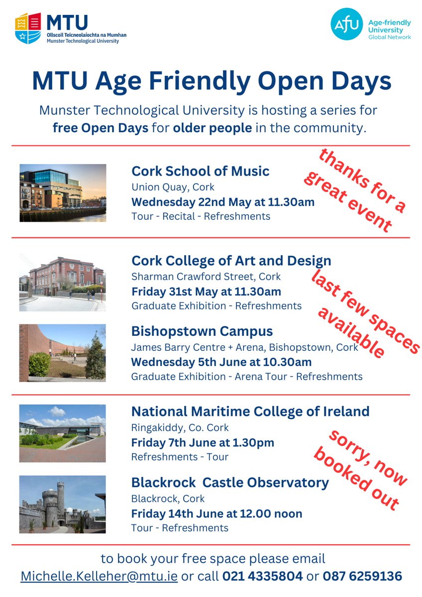 Places for our upcoming Age Friendly University Open Days are filling fast! Limited availability for the @MTU_Crawford and @MTU_ie Bishopstown Campus Open Days. @NMCI_Ireland and @blackrockcastle are now fully booked. #AFUMTU