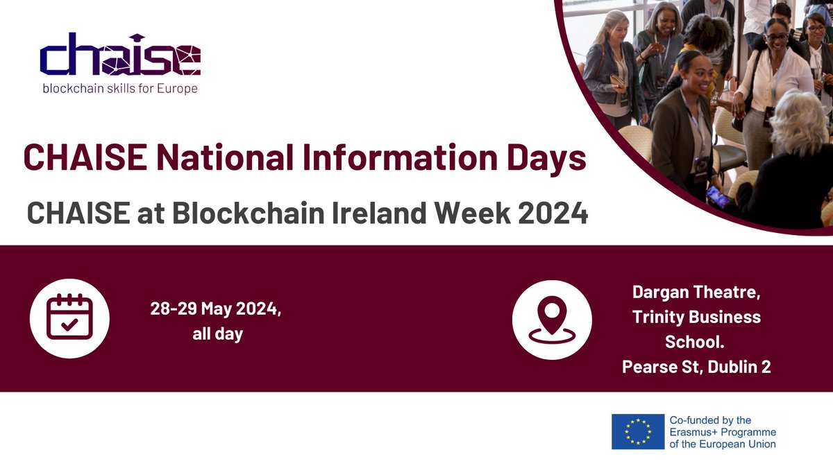 🎉 Today is the day – the start of Blockchain Ireland Week 2024 and the CHAISE National Information Day for Ireland 🎉 ⏰ CHAISE booth at exhibitor hall, 28-29 May 2024 🗓 CHAISE panel, 29 May 2024, 15:35-16:15 Learn more about the event here ⬇️ chaise-blockchainskills.eu/chaise-nationa…