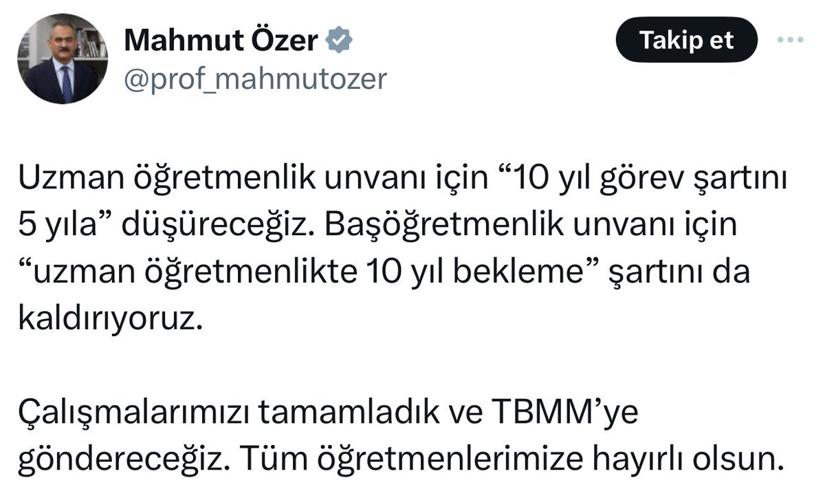 <a href="/tcmeb/">Millî Eğitim Bakanlığı</a> <a href="/Yusuf__Tekin/">Yusuf Tekin</a> Seçimden önce Milli Eğitim Bakanının verdiği bu söz hâlâ tutulmadı. 

Uzman Öğretmenlik şartının 5 yıla düşmesini istiyoruz.  <a href="/Yusuf__Tekin/">Yusuf Tekin</a> 

#UzmanÖğretmenlik5yıladüşsün