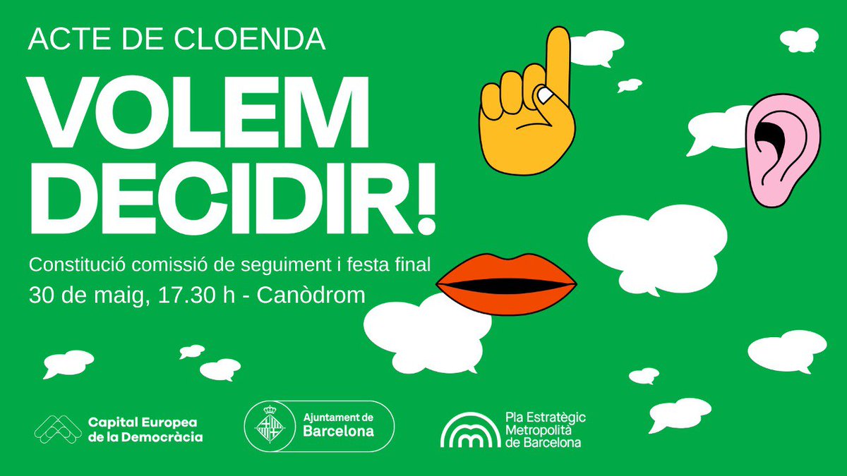 🟢T'interessa el procés Volem Decidir! ❓Vine a la cloenda i no et perdis: ✅Presentació de les conclusions i entrega als representants polítics del @bcn_ajuntament. ✅Constitució Comissió de Seguiment ✅Bingo musical ✅Berenar 🗓️30/05 📍@CanodromBCN ✍️decidim.barcelona/processes/vole…