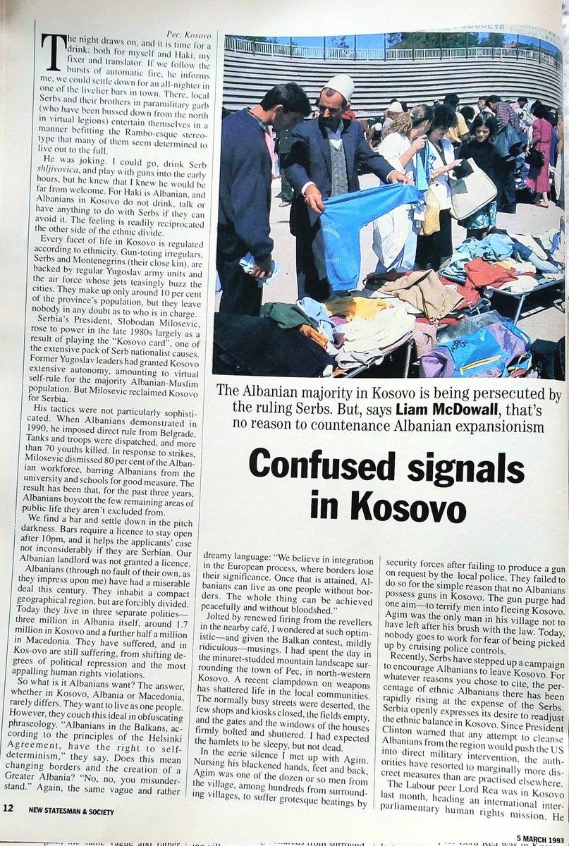 A very prescient article in UK news weekly, 'New Statesman' from 1993 on the political agenda of Kosovo Albanians. Their prime policy objective even then was to drag in the West for their own political aims - a Greater Albania.🧵