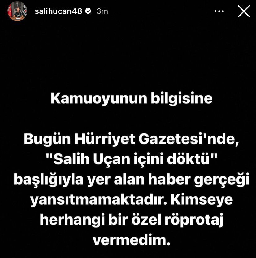 🗣️ Salih Uçan’dan açıklama: “Bugün Hürriyet Gazetesi’nde ‘Salih Uçan içini döktü’ başlığıyla yer alan haber gerçeği yansıtmamaktadır. Kimseye herhangi bir özel röportaj vermedim.”