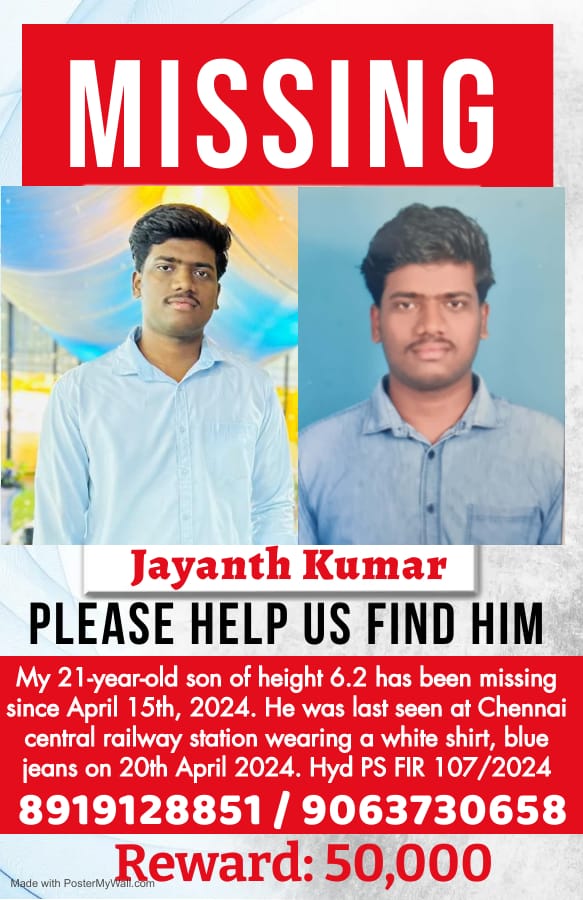 Hayagreev20's tweet photo. Please help us find Jayanth kumar @bayyasunnyyadav https://t.co/RrZTWreCL1