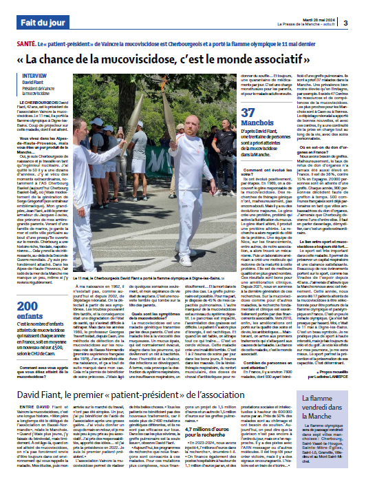 Le Président de Vaincre la Mucoviscidose <a href="/FiantDavid/">David FIANT</a> fait la Une du journal <a href="/LaPresseManche/">La Presse de la Manche</a> après avoir porté la flamme olympique à Digne-les-Bains ! 😎
Un bel article à découvrir sur l'association, la #mucoviscidose et notre patient-président.
#flammeolympique #JO2024 #paris2024