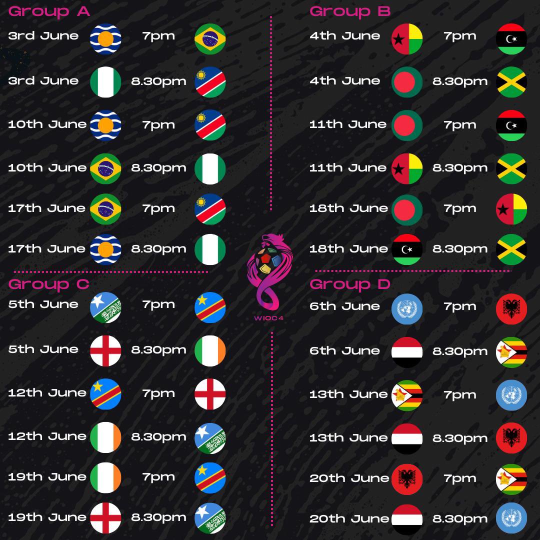 Mark your calendars 🗓️ With just 6 days to go until WIOC4 kicks off, we can reveal the running order of matches for the group stages. Here are all your nations’ important dates! Some big fixtures to look forward to 😮‍💨 #WIOC4 #Liverpool #Football #WorldCup #Fixtures