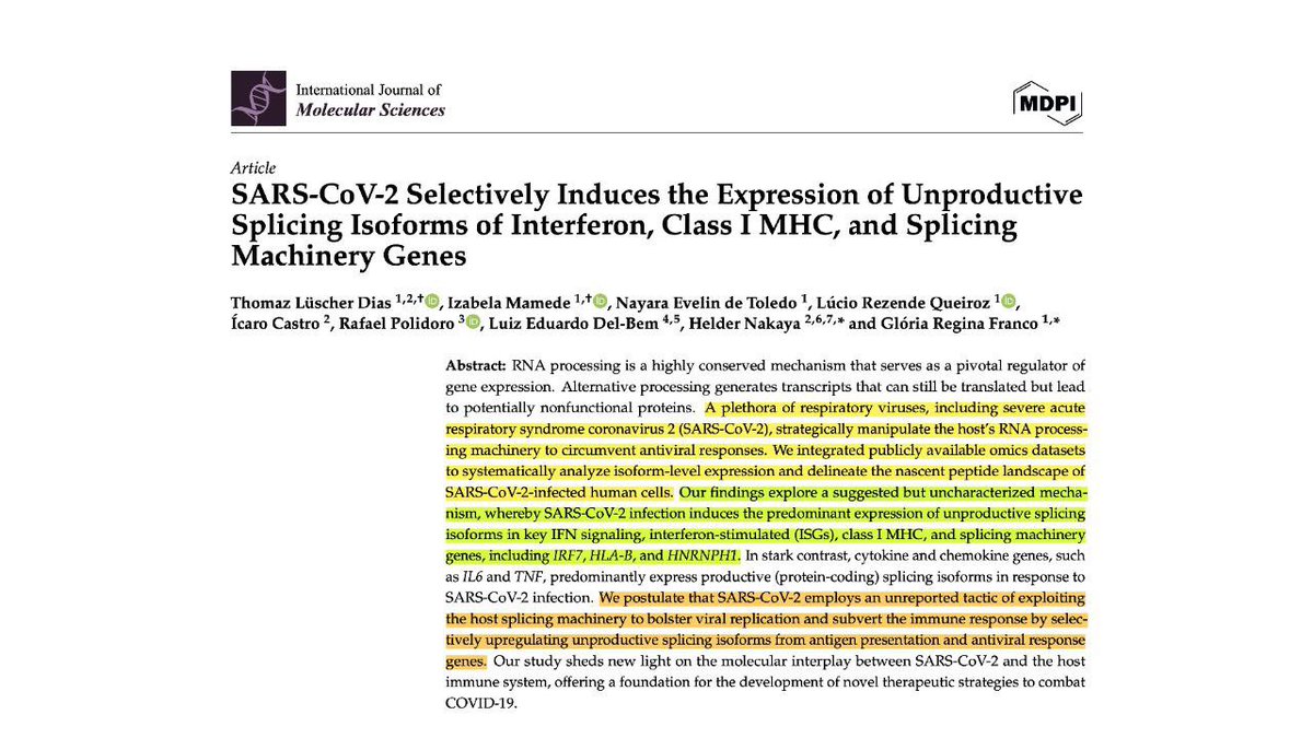 Ce document démontre potentiellement les mécanismes de 3 phénomènes différents causés par le SARS-CoV-2 : 1. Tempêtes de cytokines 2. Persistance virale 3. Systèmes immunitaires compromis à la suite d'une infection par le SC2 mdpi.com/1422-0067/25/1… @AnneliseBocquet @PinsolleT