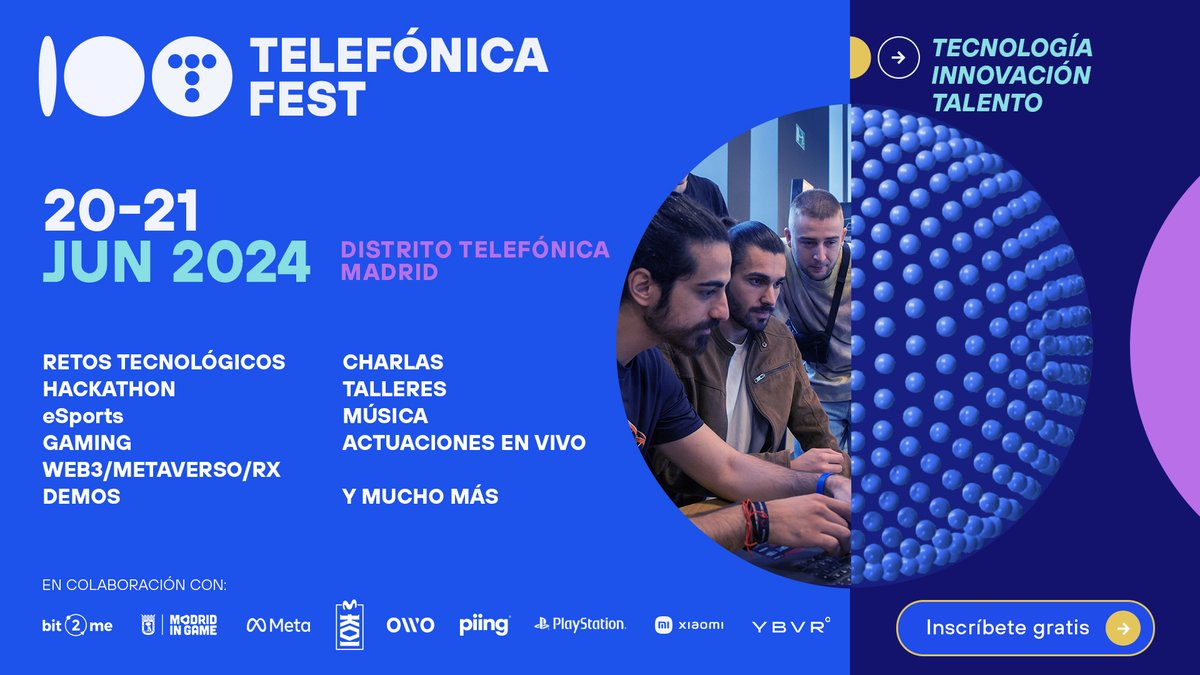 🎉 ¡Presentamos el Telefónica Fest! 🎉 Dos días llenos de actividades para todos: hackathon, game jams, experiencias inmersivas, gaming, eSports, música... ¡y mucho más! 🔎¡Ya están abiertas las inscripciones! 📅 20 y 21 de junio. 🎟️ fest.telefonica100.com/telefonica-fes…