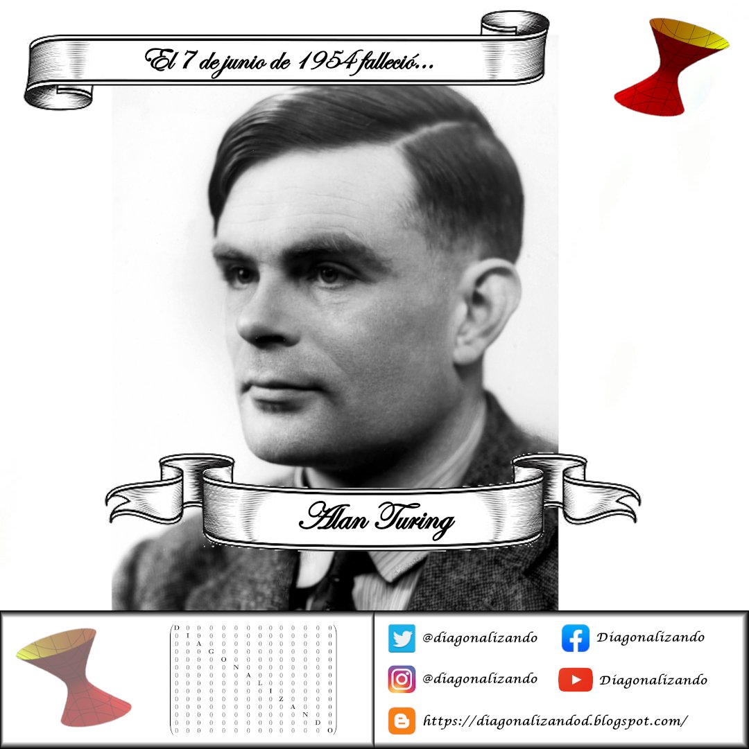 diagonalizando's tweet photo. El 7 de junio de 1954 falleció Alan Turing. Fue un matemático considerado uno de los padres de la ciencia de la computación y precursor de la informática moderna. Entre sus logros se encuentra la máquina de Turing y la prueba de Turing o formalización del concepto de computación. https://t.co/db8UvzIJMV