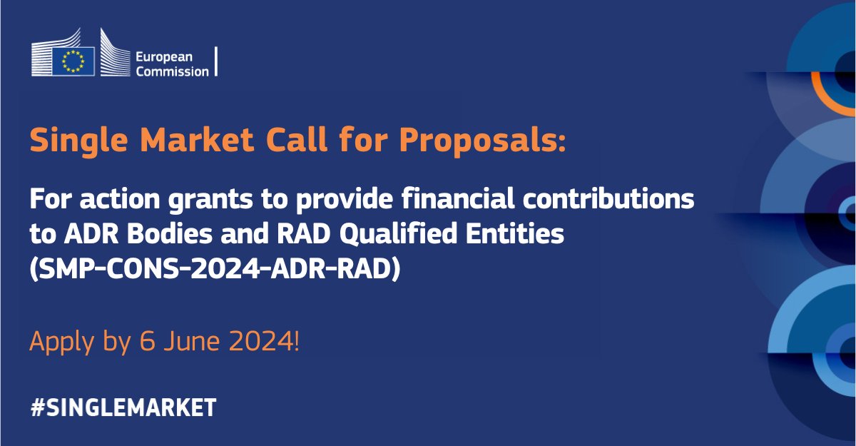 🔔Last reminder🔔 You have got until 6 June to apply for the call for action grants to provide financial contributions to ADR Bodies & RAD Qualified Entities. Do not miss the chance to raise awareness on ADR and/or representative actions! Apply here ➡️ europa.eu/!yKvCBw