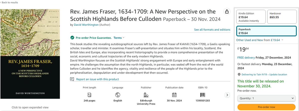 Amazon are now advertising the kindle (out already) and paperback (available for pre-order, out in November) editions of my <a href="/EdinburghUP/">Edinburgh University Press</a> book on Highland scholar and traveller, James Fraser, both for under £20. Hope to see the paperback in bookshops soon after. #CuriousCleric