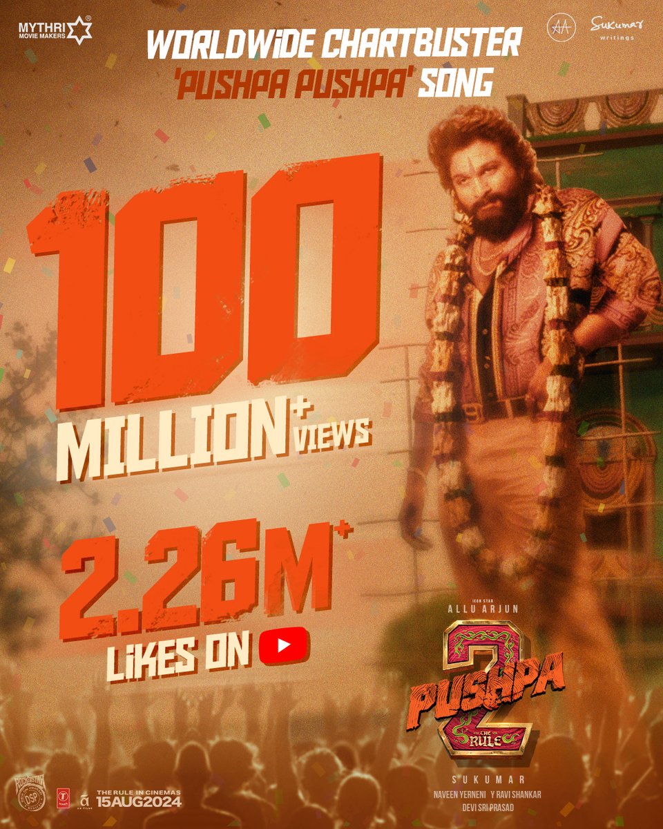 PushpaMovie's tweet photo. #PushpaPushpa - people certified 𝐖𝐎𝐑𝐋𝐃𝐖𝐈𝐃𝐄 𝐂𝐇𝐀𝐑𝐓𝐁𝐔𝐒𝐓𝐄𝐑 ❤️‍🔥

#Pushpa2FirstSingle hits a gigantic 𝟭𝟬𝟬 𝙈𝙄𝙇𝙇𝙄𝙊𝙉+ 𝙑𝙄𝙀𝙒𝙎 across 6 Languages on YouTube with 𝟮.𝟮𝟲 𝙈𝙄𝙇𝙇𝙄𝙊𝙉+ 𝙇𝙄𝙆𝙀𝙎 🔥🔥

🎶 https://t.co/cc8SUs7L2N 

#Pushpa2SecondSingle will be double the treat. Wait for tomorrow 💥💥

A Rockstar @ThisIsDSP Musical 🎵

#Pushpa2TheRule Grand release worldwide on 15th AUG 2024.

Icon Star @alluarjun @iamRashmika @aryasukku #FahadhFaasil @SukumarWritings @MythriOfficial @TSeries