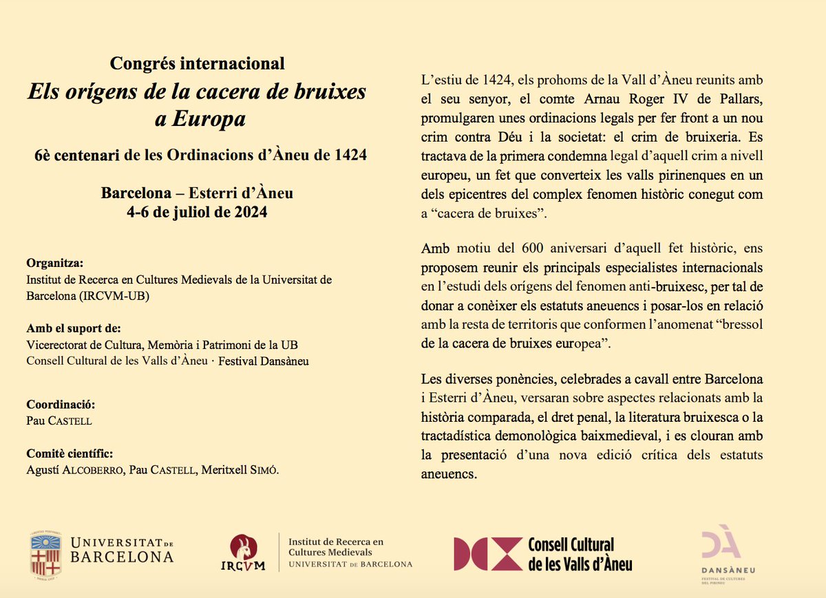 📢‼️Congrés internacional «Els orígens de la cacera de bruixes a Europa». 4-7 julio 2024. Univ. Barcelona

IRCVM

Más información👇🧐: medievalistas.es/congres-intern…

#medievalismo #edadmedia #medievalismo #medieval #medievalhistory #history #middleages