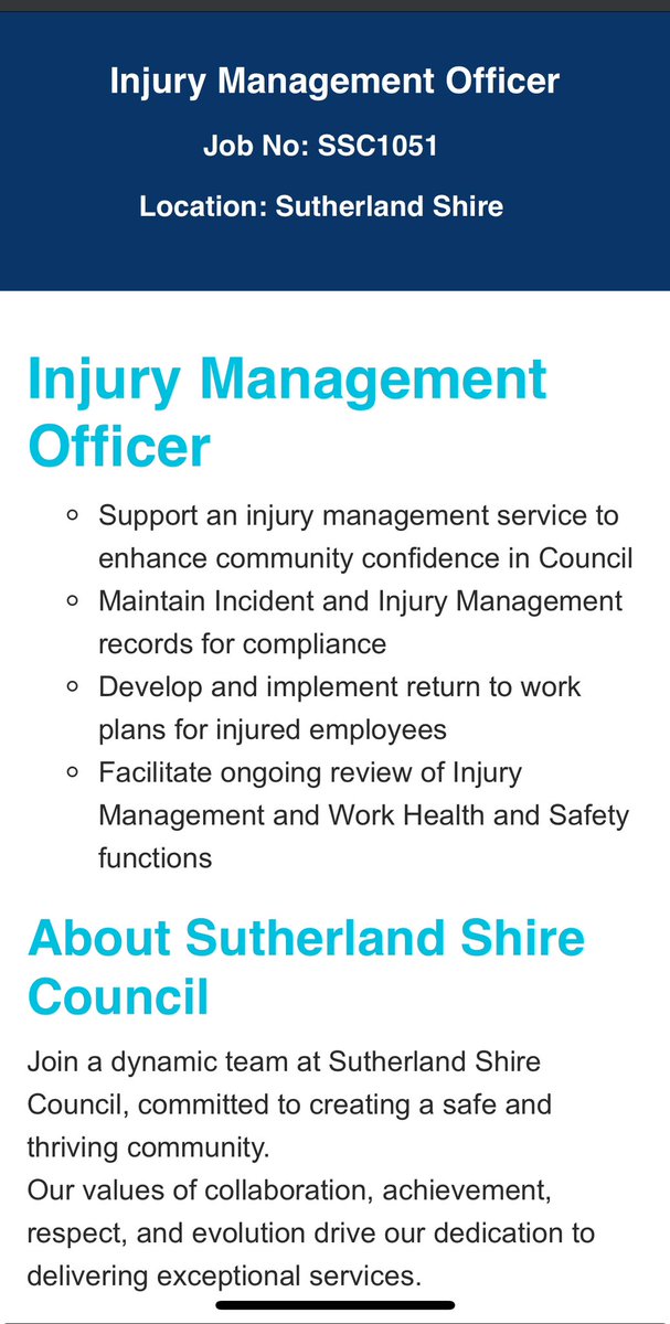 How ironic that Sutherland Shire Council are advertising for an Injury Management Officer but they want them to be Covid mRNA vaccinated. I hope they can look after themselves. You just couldn’t make this stuff up ! Unfortunately they aren’t alone - it would seem Hornsby, Inner