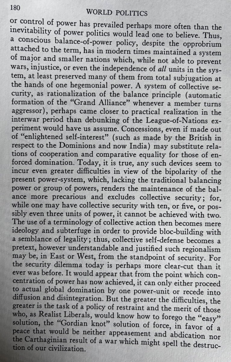 Sorting some old papers and came across this from John Herz in 1950 on a “bipolarized and bomb-blessed world”. The paper coined the idea of a security dilemma- the notion that defensive states seeking security could make others insecure & fearful in a vicious circle.