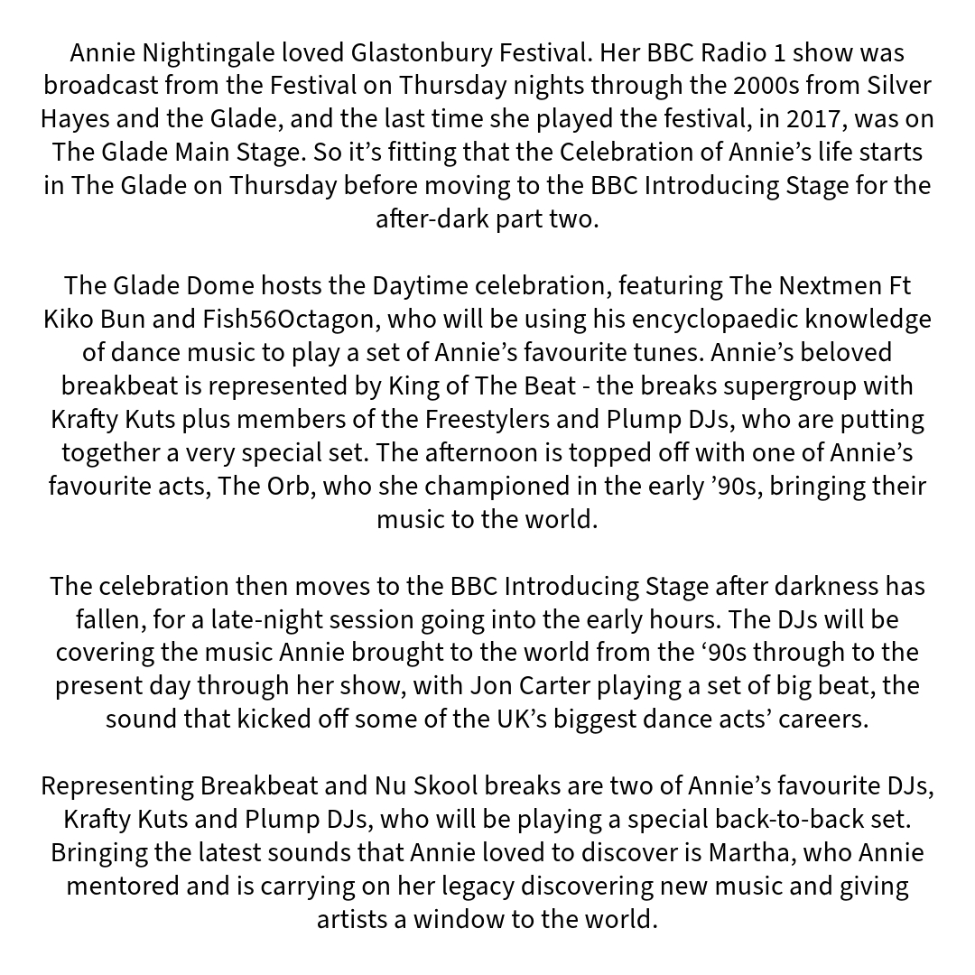 Glastonbury Festival and the BBC will celebrate the life of DJ and presenter Annie Nightingale on 27th June 2024.