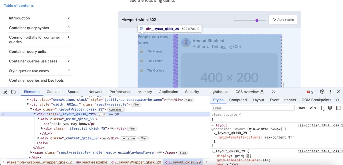 shadeed9's tweet image. I saw a few posts about why we don't use CSS container queries that much.
I used them *a lot* in my recent interactive guide on container queries. Yes, I used container queries to build the demos to explain container queries 😄
Happy inspecting! ishadeed.com/article/css-co…